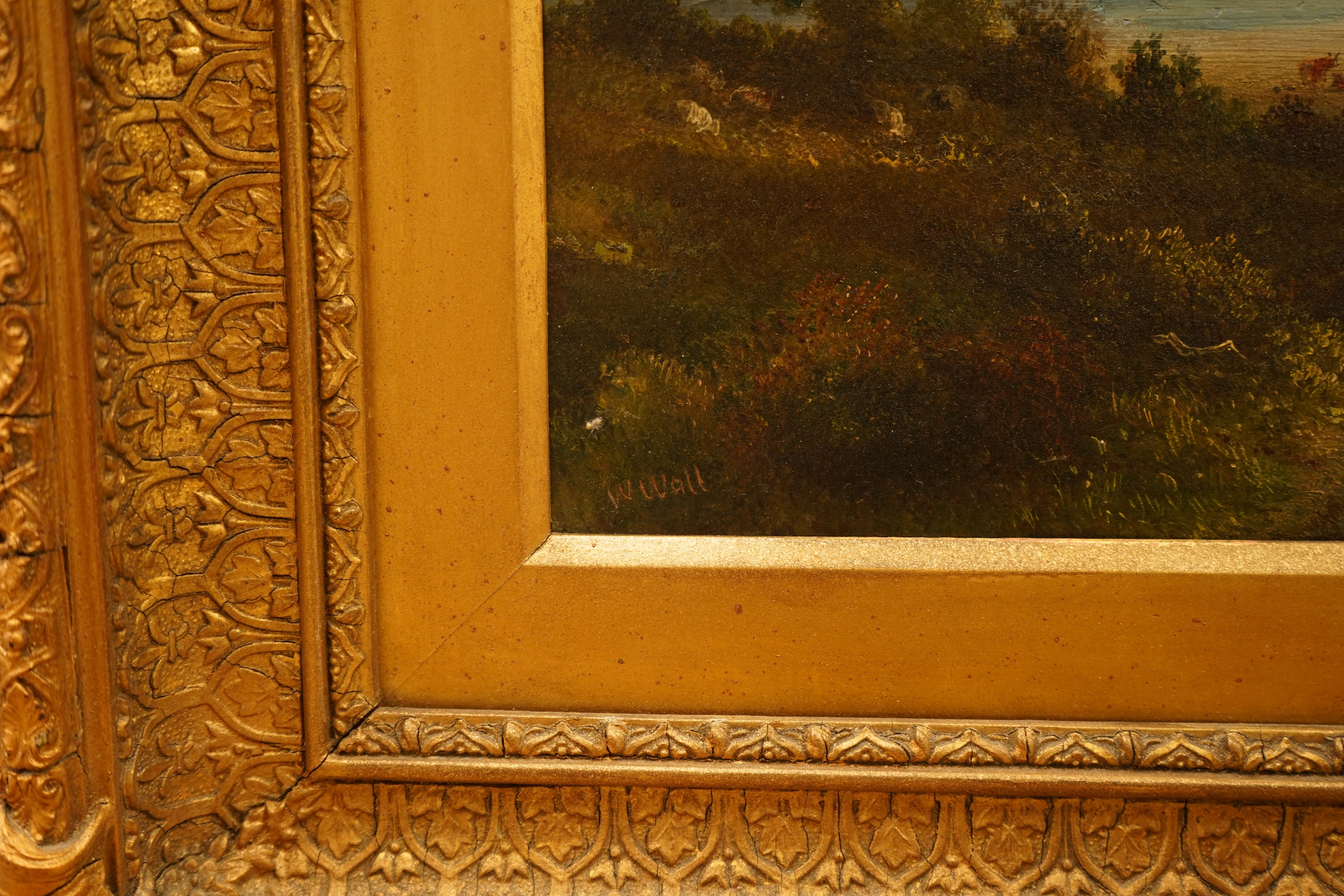 W. Wall, Lakeside mountainous landscape, signed, oil on canvas, 29 x 54cm, ornate gilt frame
